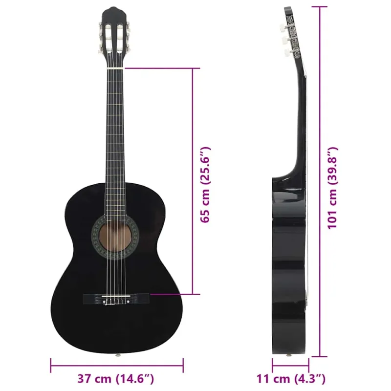 Klasikinė gitara pradedantiesiems, juoda, 4/4 39", liepa