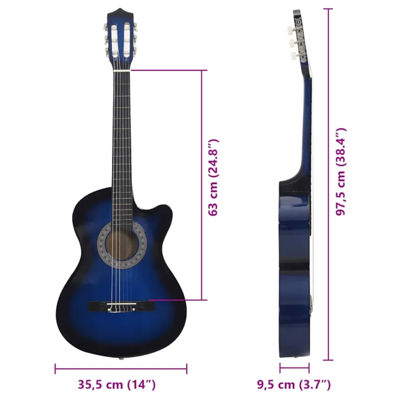 Klasikinės gitaros rinkinys, 12 dalių, mėlynas, 38", 6 stygos