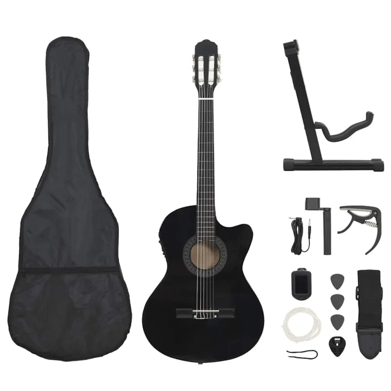 Gitaros rinkinys su ekvalaizeriu, 12 dalių, juodas, 6 stygos