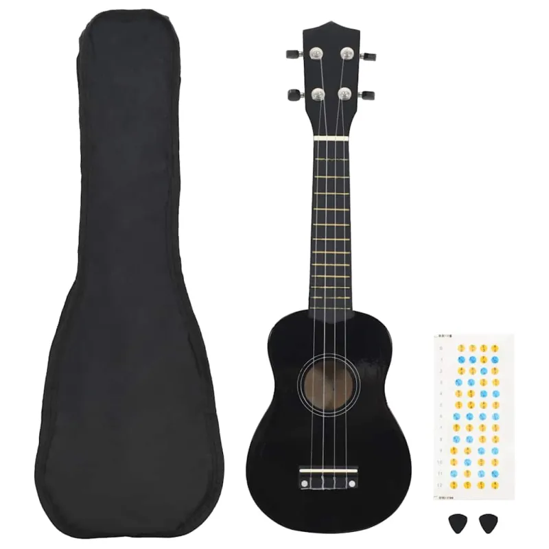 Soprano ukulėlės rinkinys su dėklu vaikams, juoda, 21"