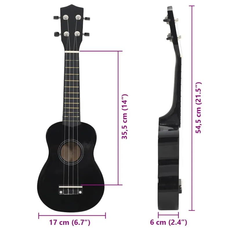 Soprano ukulėlės rinkinys su dėklu vaikams, juoda, 21"