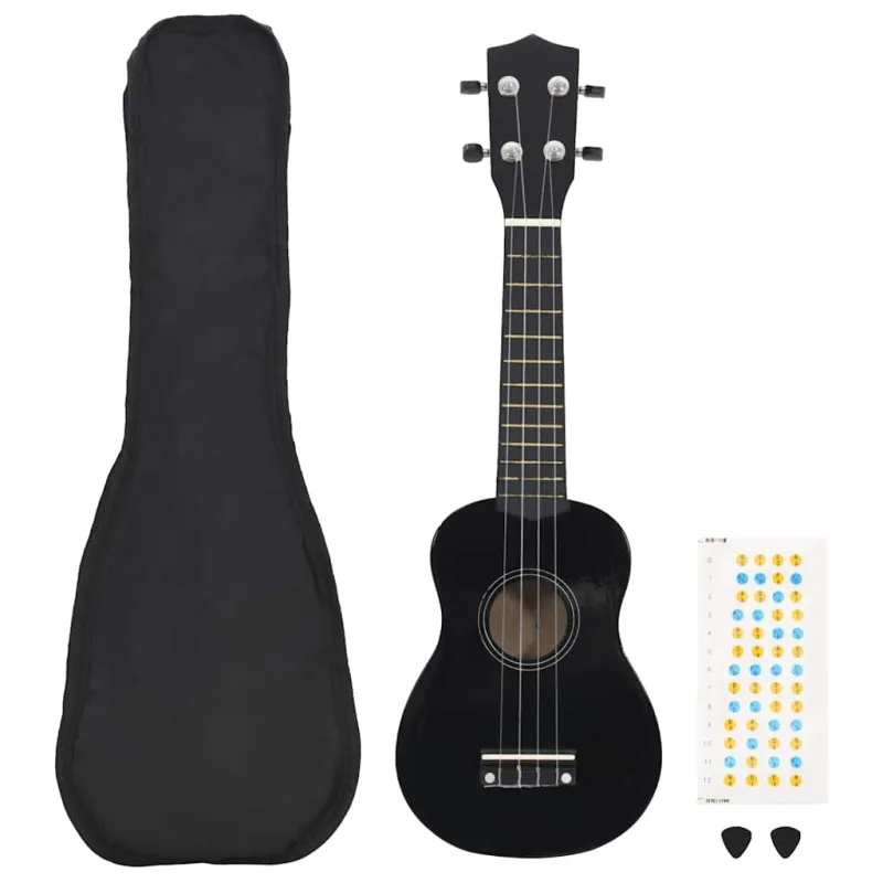 Soprano ukulėlės rinkinys su dėklu vaikams, juoda, 23"