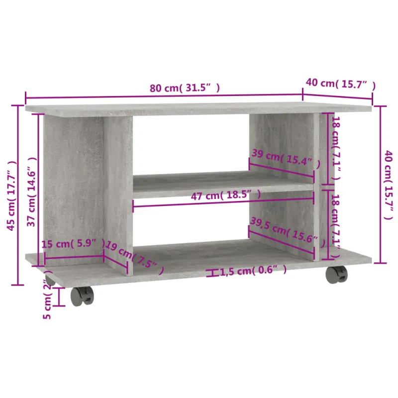 TV spintelė su ratukais, betono pilkos sp., 80x40x45cm, mediena