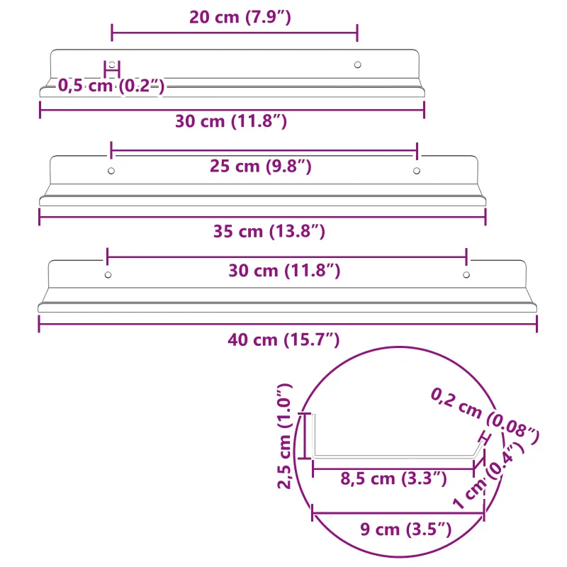 Plūduriuojanti lentyna 3 pcs Baltas 40 x 9 x 2,5 cm Plienas