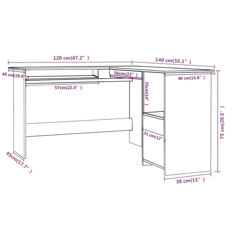 Kampinis stalas, betono, 120x140x75cm, mediena, L formos