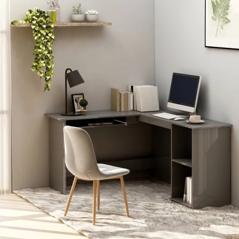 Kampinis stalas, pilkas, 120x140x75cm, MDP, L formos, blizgus