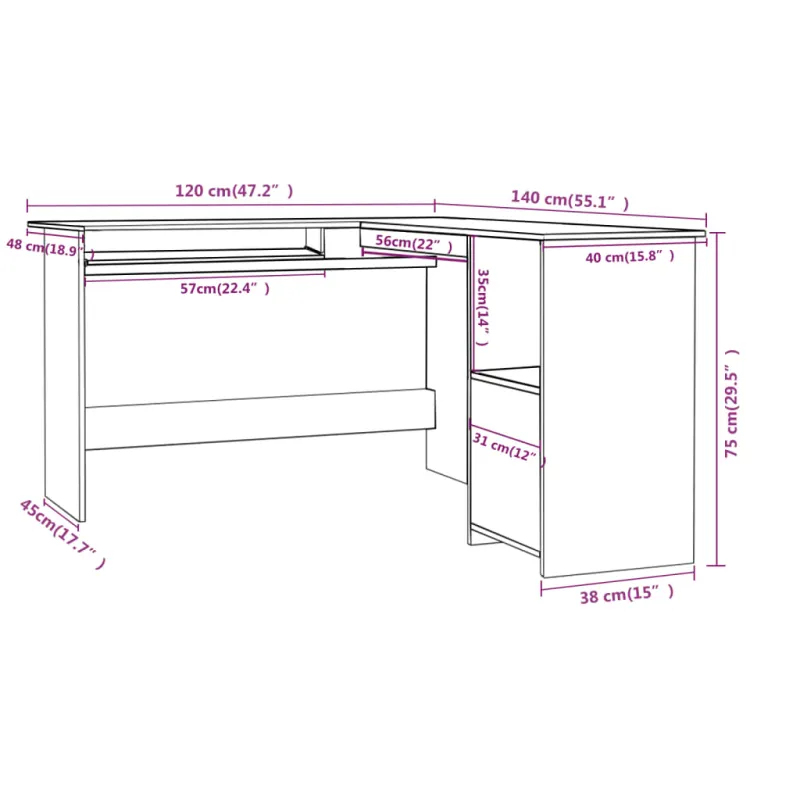Kampinis stalas, pilkas, 120x140x75cm, MDP, L formos, blizgus