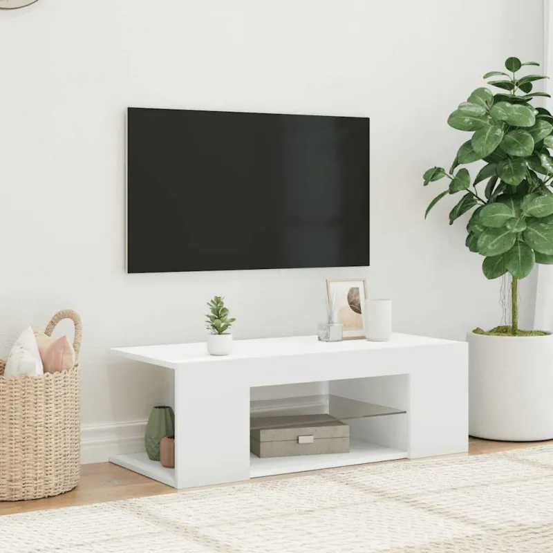 Televizoriaus spintelė su LED apšvietimu, balta, 90x39x30cm