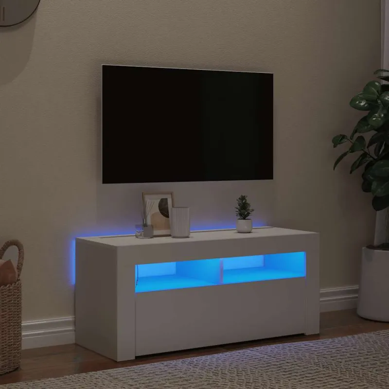 Televizoriaus spintelė su LED apšvietimu, balta, 90x35x40cm