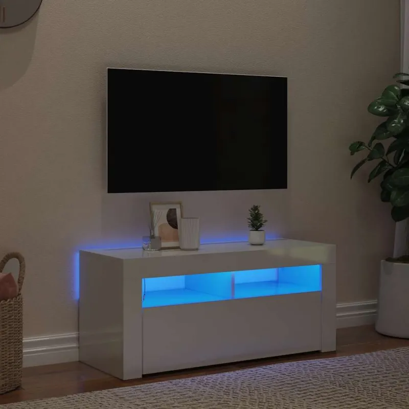 TV spintelė su LED apšvietimu, balta, 90x35x40cm, blizgi