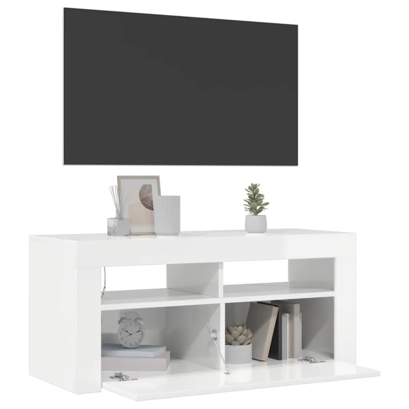 TV spintelė su LED apšvietimu, balta, 90x35x40cm, blizgi