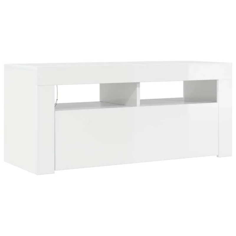 TV spintelė su LED apšvietimu, balta, 90x35x40cm, blizgi