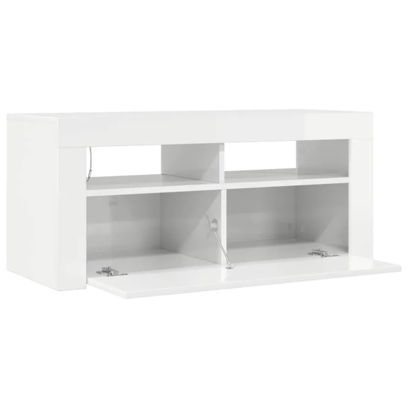 TV spintelė su LED apšvietimu, balta, 90x35x40cm, blizgi