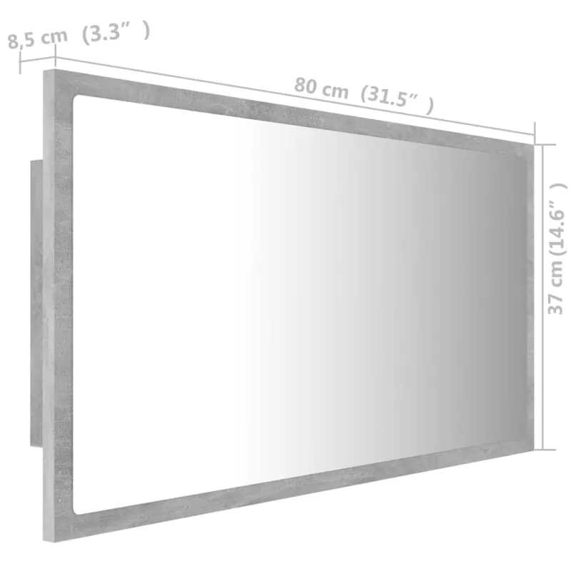 Vonios kambario LED veidrodis, betono, 80x8,5x37cm, akrilas
