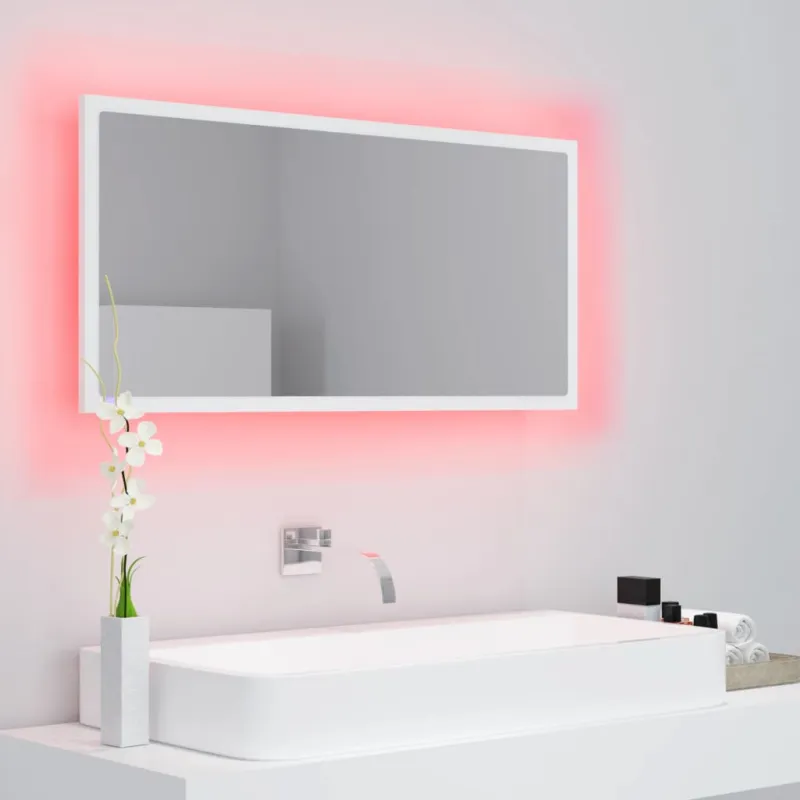 Vonios kambario LED veidrodis, baltas, 90x8,5x37cm, akrilas