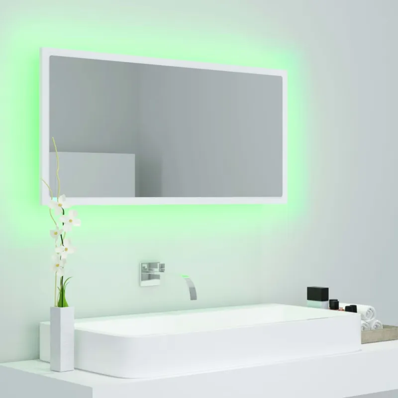 Vonios kambario LED veidrodis, baltas, 90x8,5x37cm, akrilas