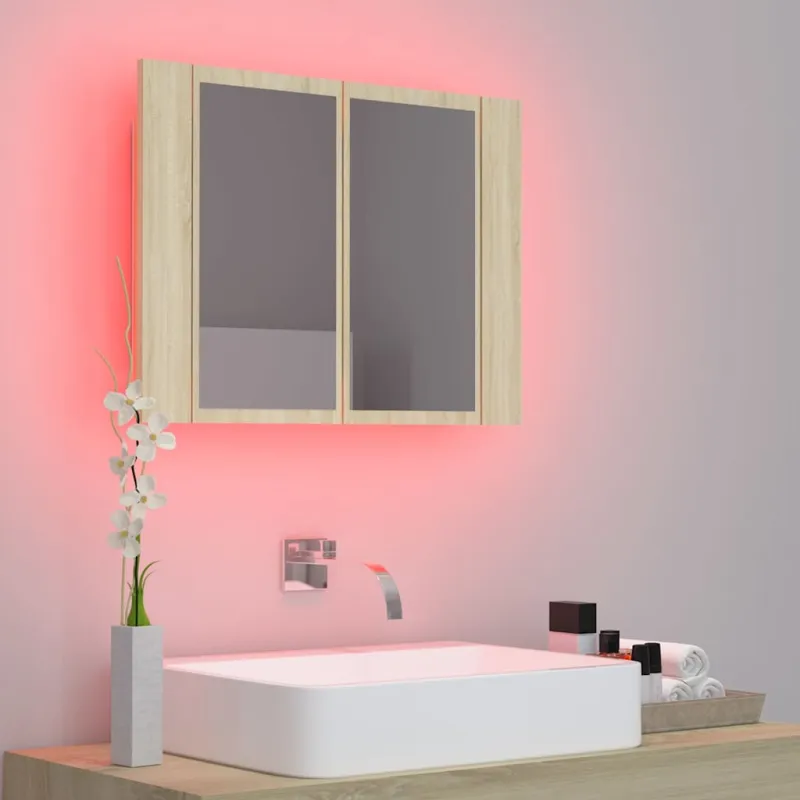 Veidrodinė vonios spintelė su LED, ąžuolo, 60x12x45cm, akrilas