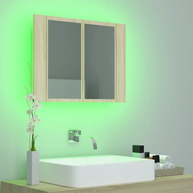 Veidrodinė vonios spintelė su LED, ąžuolo, 60x12x45cm, akrilas