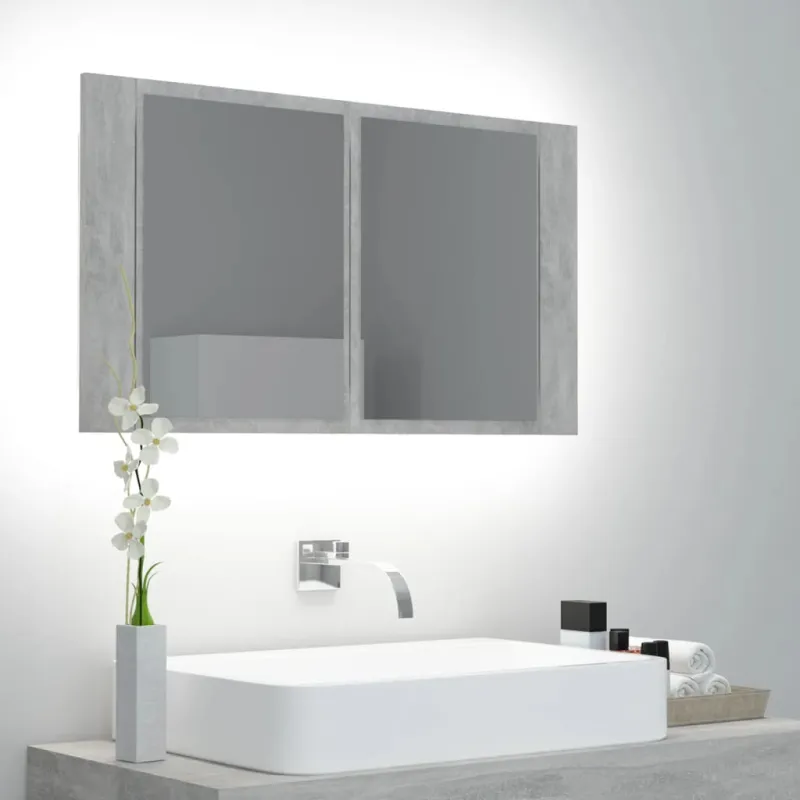 Veidrodinė vonios spintelė su LED, betono, 80x12x45cm, akrilas