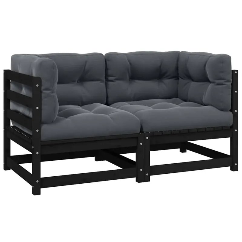 Dvivietė sodo sofa su pagalvėlėmis, juoda, pušies masyvas
