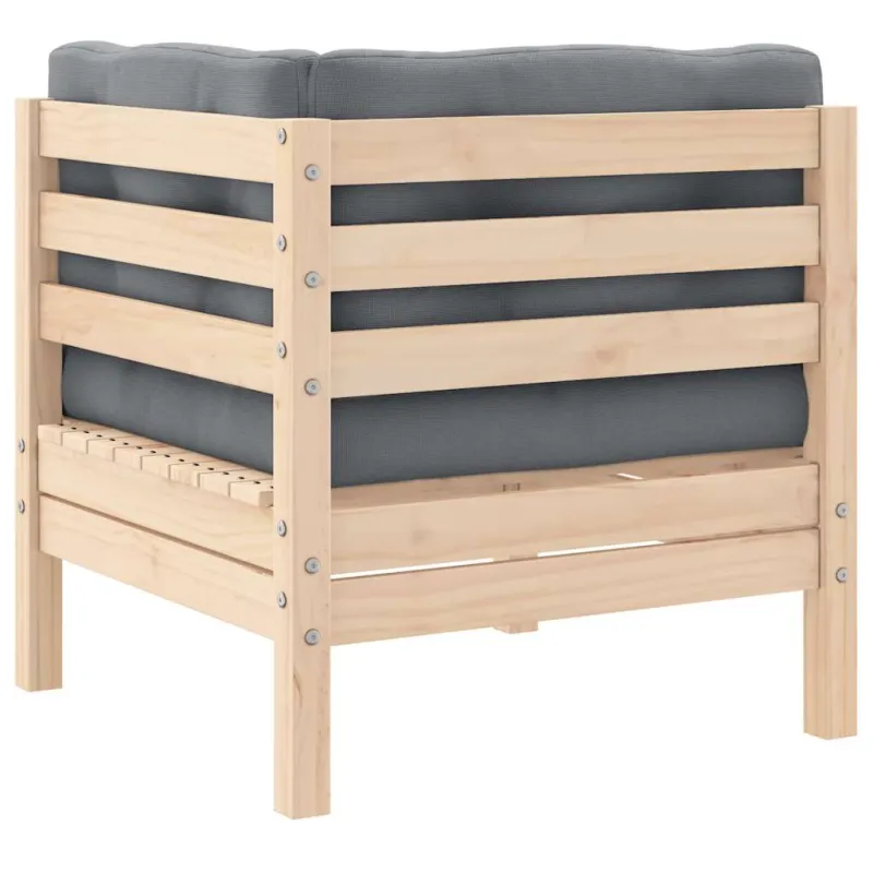 Kampinė sodo sofa su pilkomis pagalvėlėmis, pušies masyvas