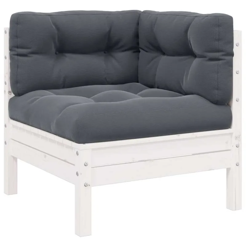 Kampinė sodo sofa su pagalvėlėmis, balta, pušies masyvas