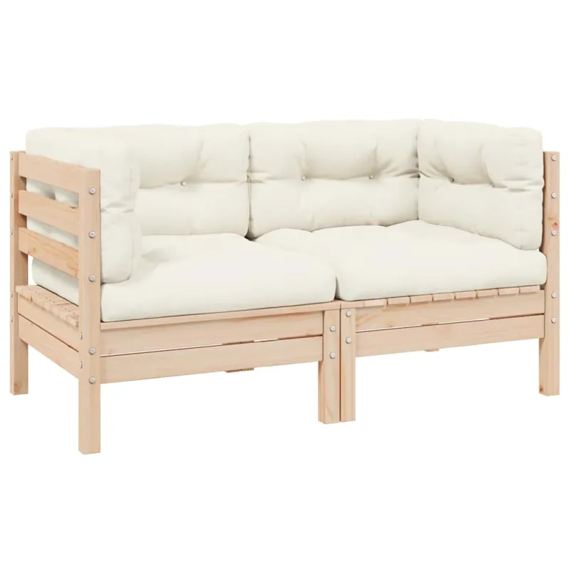 Dvivietė sodo sofa su kreminėmis pagalvėlėmis, pušies masyvas