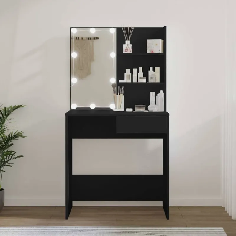 Kosmetinis staliukas su LED apšvietimu, juodas, 74,5x40x141cm
