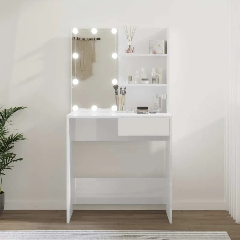 Kosmetinis staliukas su LED, baltas, 74,5x40x141cm, blizgus