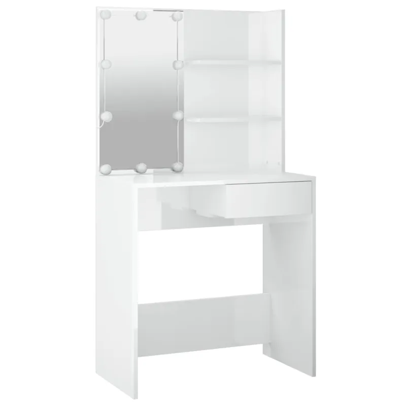 Kosmetinis staliukas su LED, baltas, 74,5x40x141cm, blizgus