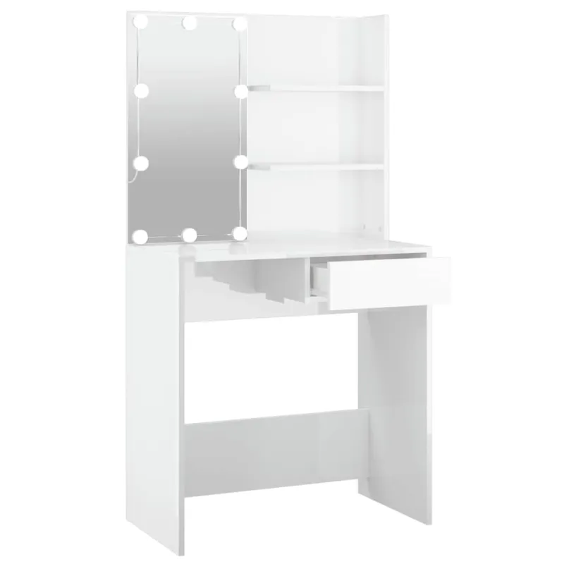 Kosmetinis staliukas su LED, baltas, 74,5x40x141cm, blizgus