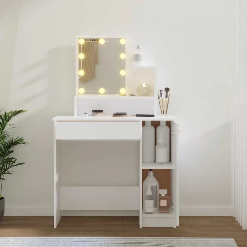 Kosmetinis staliukas su LED apšvietimu, baltas, 86,5x35x136cm