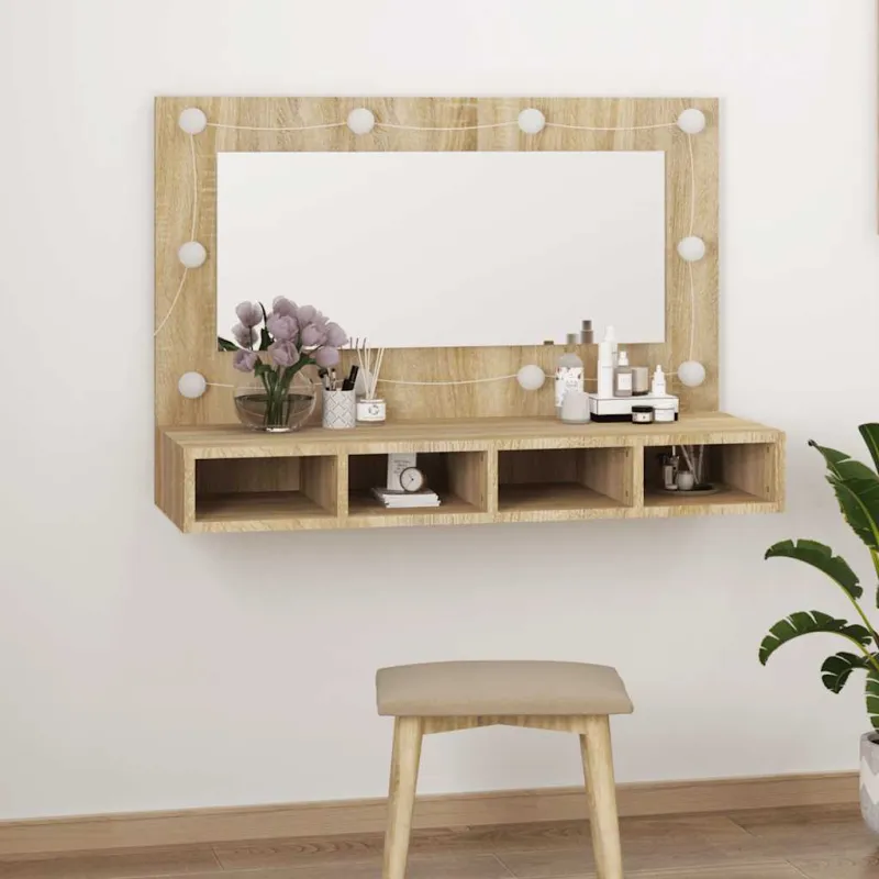 Veidrodinė spintelė su LED apšvietimu, ąžuolo, 90x31,5x62cm