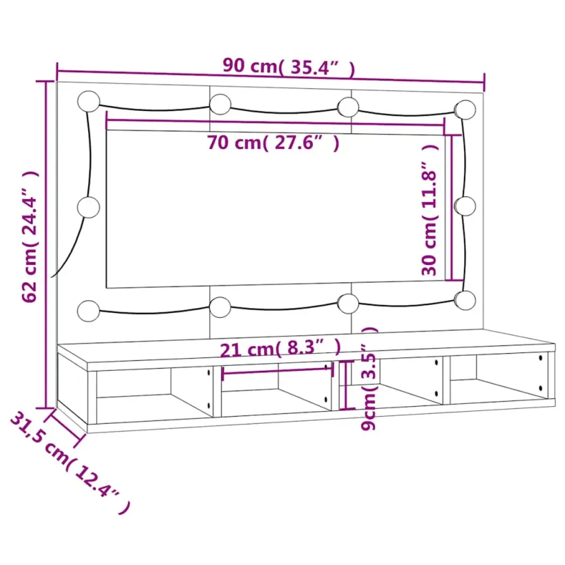 Veidrodinė spintelė su LED apšvietimu, pilka, 90x31,5x62cm