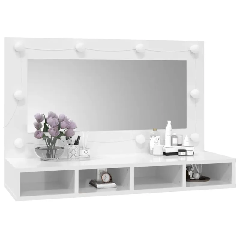 Veidrodinė spintelė su LED, balta, 90x31,5x62cm, blizgi
