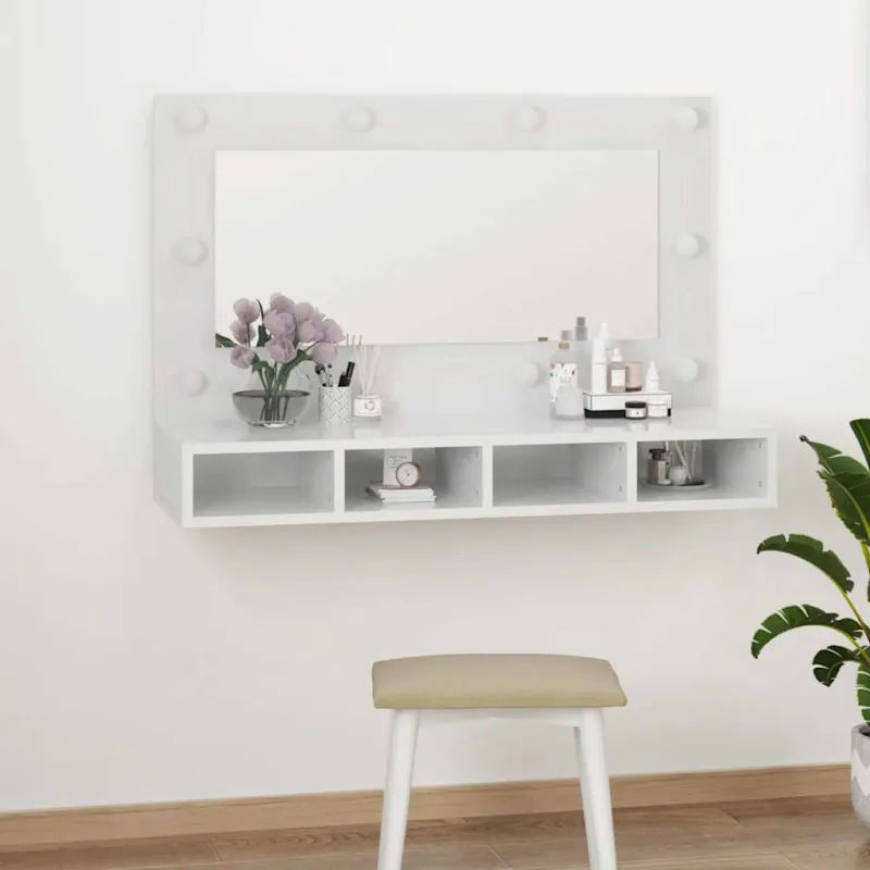 Veidrodinė spintelė su LED, balta, 90x31,5x62cm, blizgi