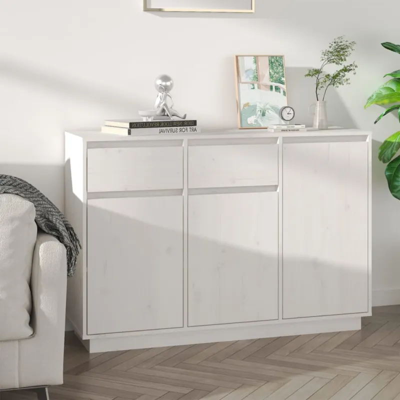 Šoninė spintelė, balta, 110x34x75cm, pušies medienos masyvas