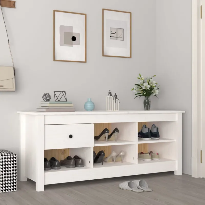 Spintelė batams, balta, 110x38x45,5cm, pušies medienos masyvas