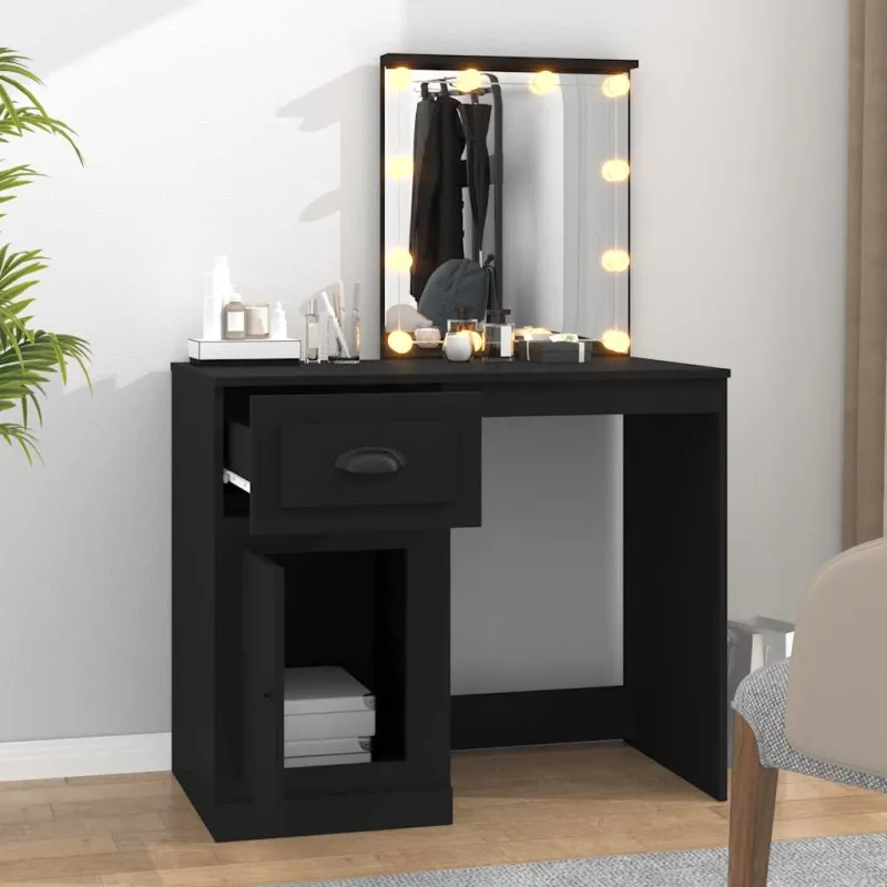 Kosmetinis staliukas su LED, juodas, 90x50x132,5cm, mediena