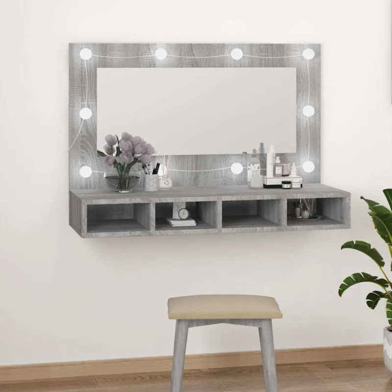 Veidrodinė spintelė su LED, pilka ąžuolo, 90x31,5x62 cm