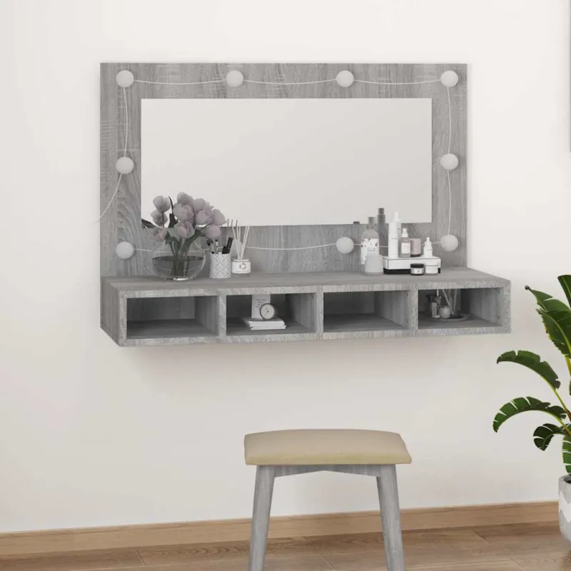 Veidrodinė spintelė su LED, pilka ąžuolo, 90x31,5x62 cm
