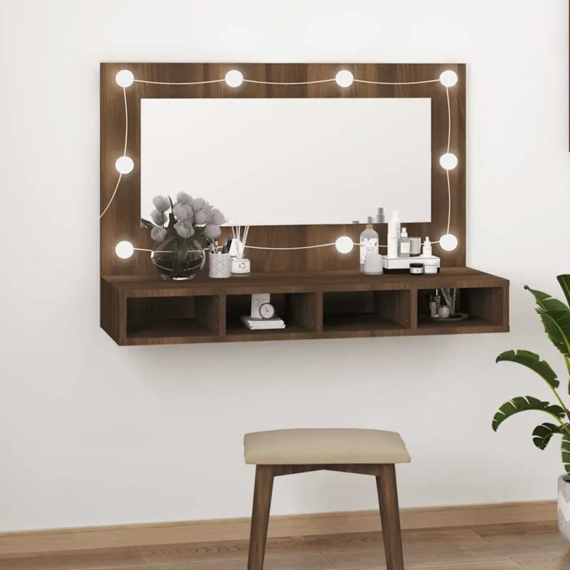 Veidrodinė spintelė su LED, ruda ąžuolo, 90x31,5x62 cm
