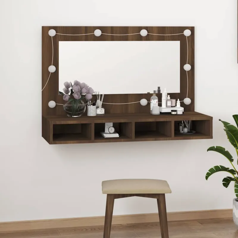 Veidrodinė spintelė su LED, ruda ąžuolo, 90x31,5x62 cm