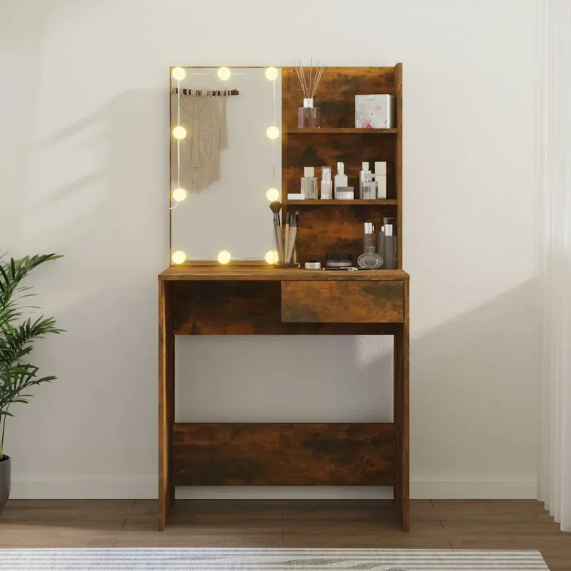 Kosmetinis staliukas su LED, dūminio ąžuolo, 74,5x40x141cm