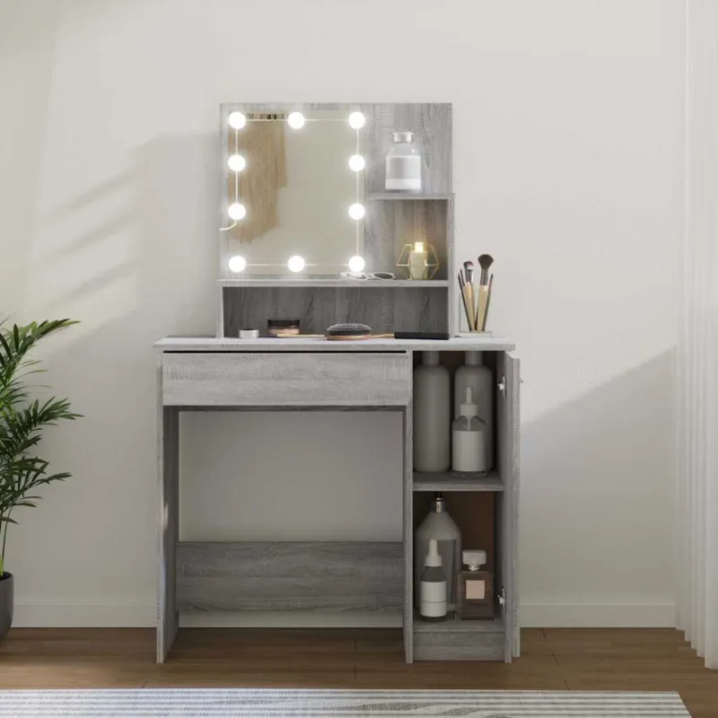 Kosmetinis staliukas su LED, pilkas ąžuolo, 86,5x35x136cm