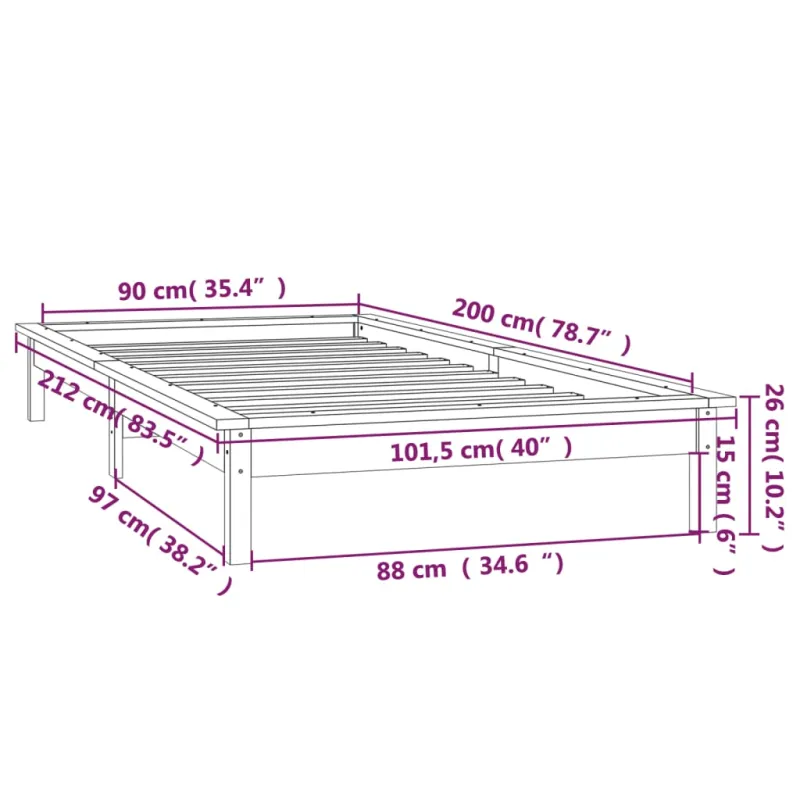 Lovos rėmas su LED, 90x200cm, medienos masyvas