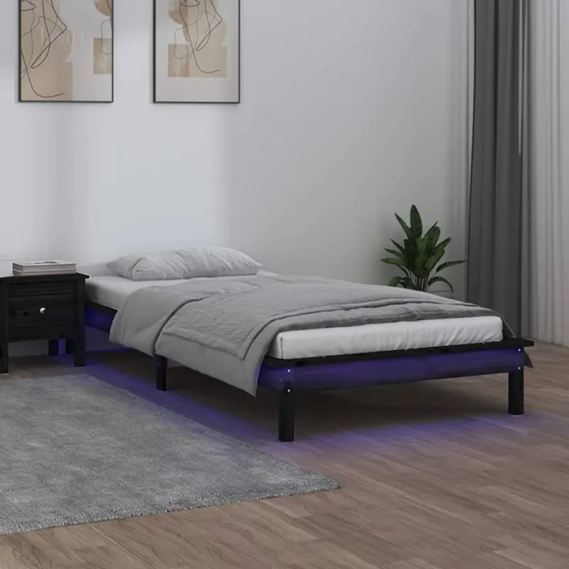 Lovos rėmas su LED, juodos spalvos, 90x200cm, medienos masyvas