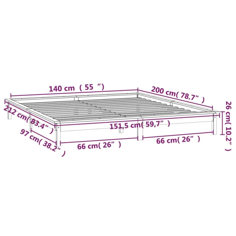 Lovos rėmas su LED, medaus rudas, 140x200cm, medienos masyvas
