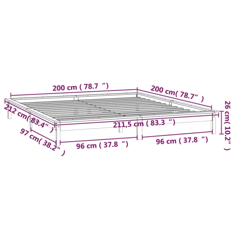 Lovos rėmas su LED, baltos spalvos, 200x200cm, medienos masyvas