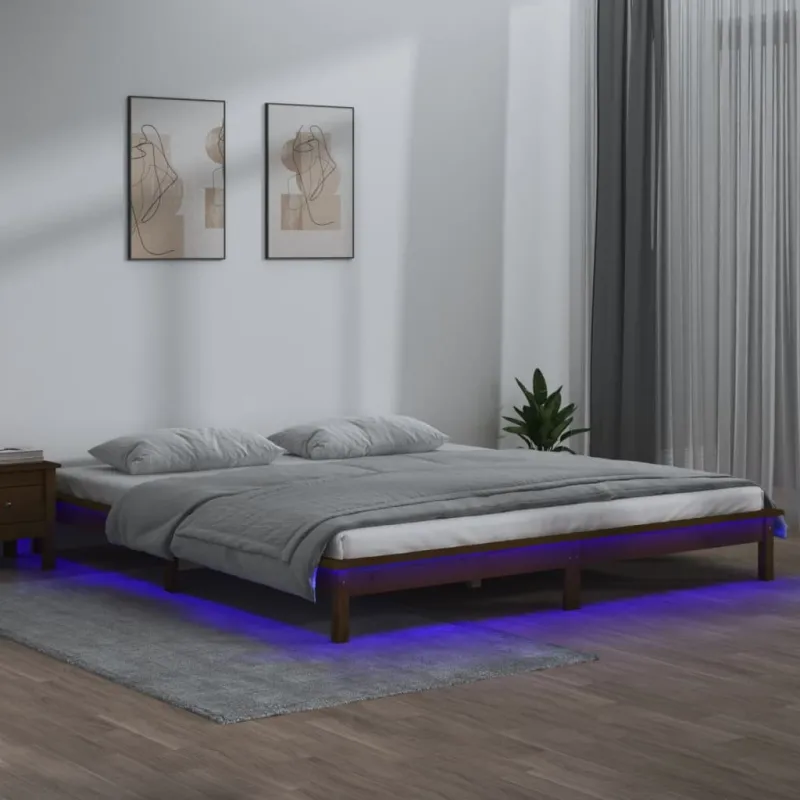 Lovos rėmas su LED, medaus rudas, 200x200cm, medienos masyvas